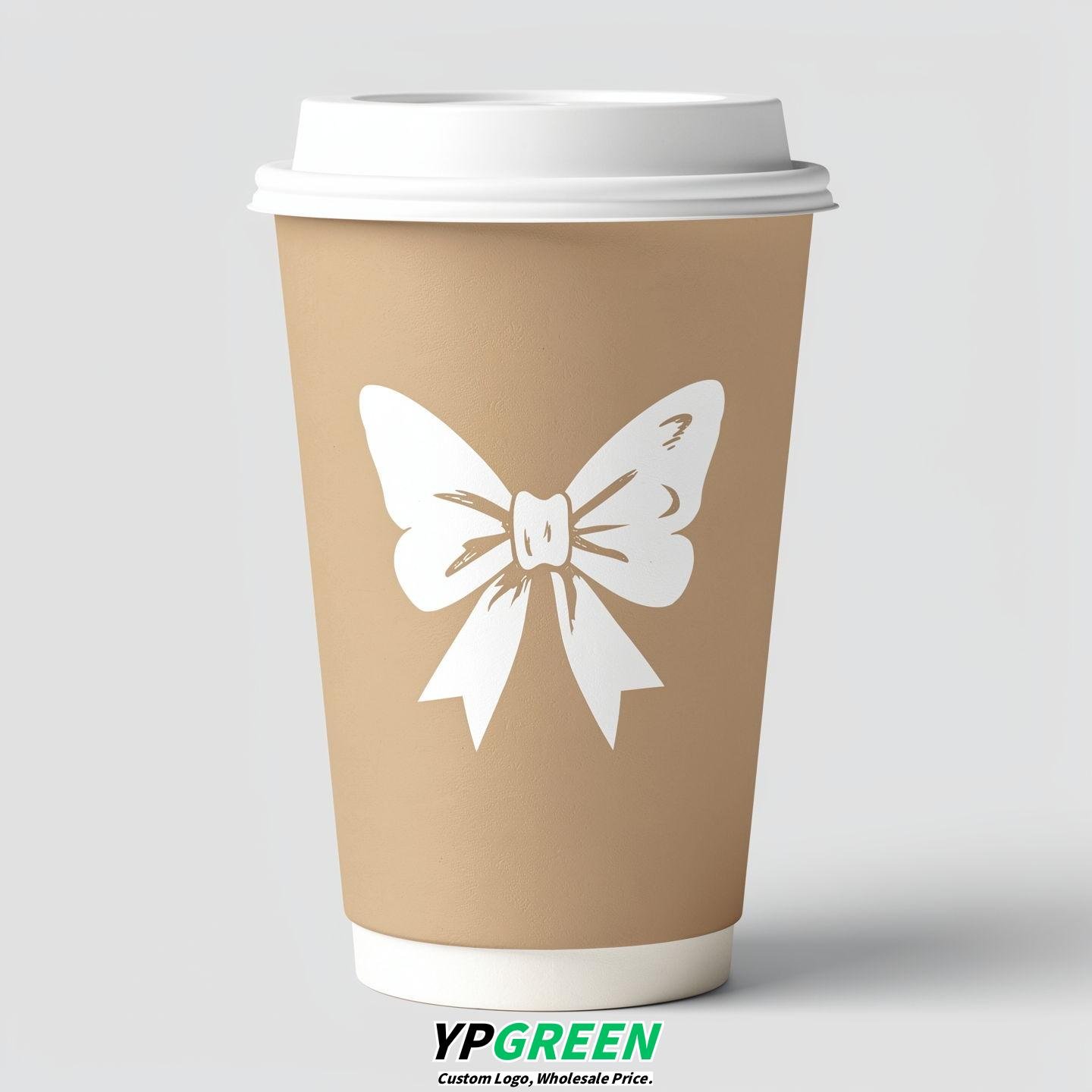 Beige Paper Cups with Bow Logo & Lids 8-24oz