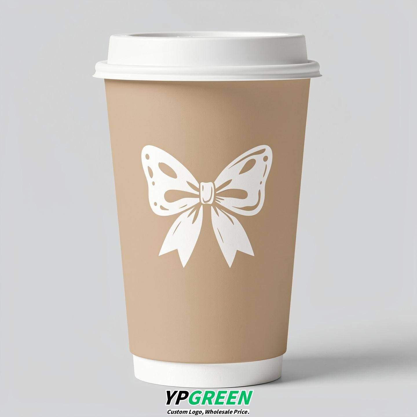 Beige Paper Cups with Bow Logo & Lids 8-24oz
