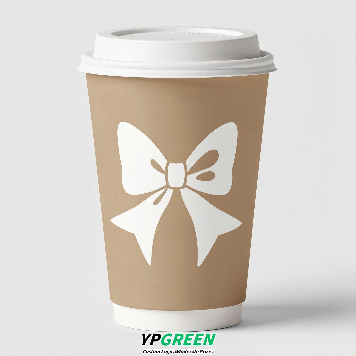 Beige Paper Cups with Bow Logo & Lids 8-24oz
