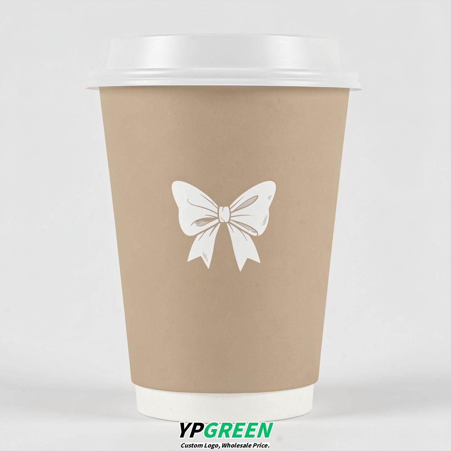 Beige Paper Cups with Bow Logo & Lids 8-24oz