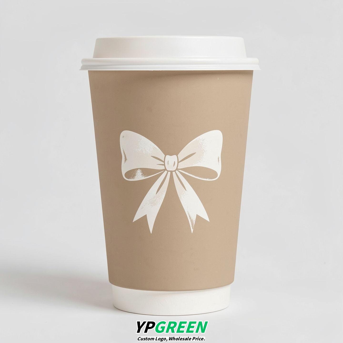 Beige Paper Cups with Bow Logo & Lids 8-24oz