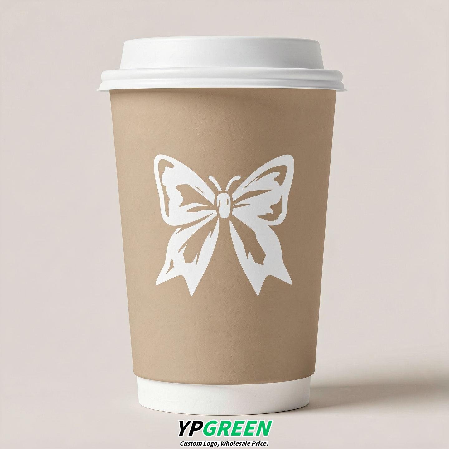 Beige Paper Cups with Bow Logo & Lids 8-24oz