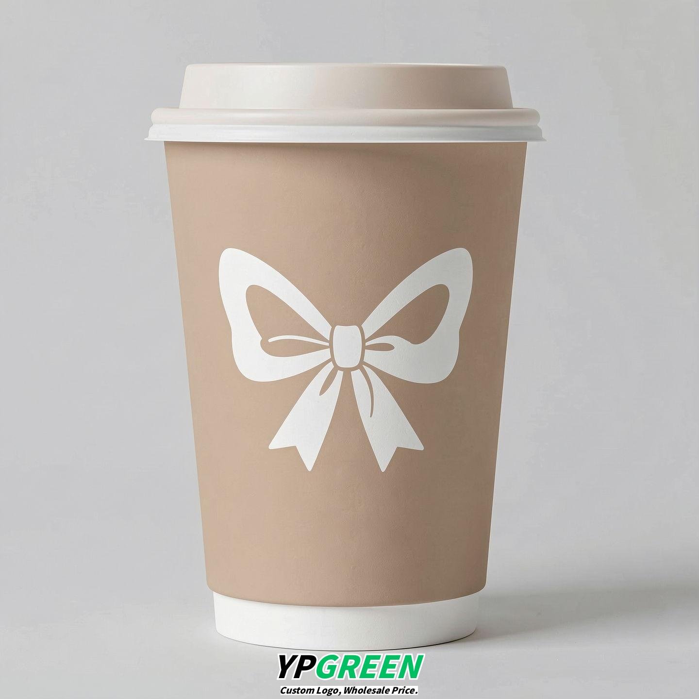 Beige Paper Cups with Bow Logo & Lids 8-24oz