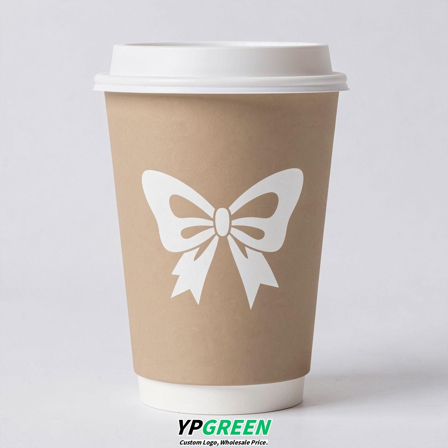 Beige Paper Cups with Bow Logo & Lids 8-24oz