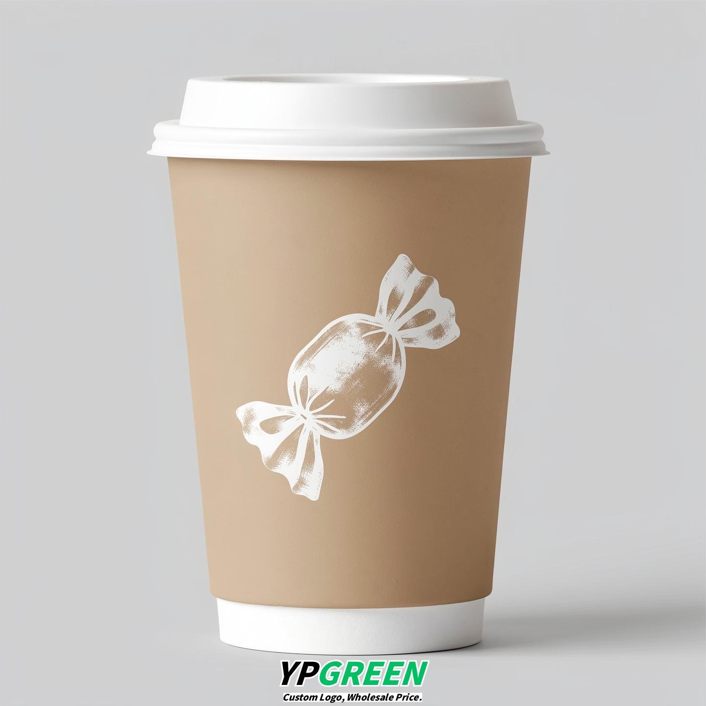Beige Paper Cups with Candy Logo & Lids 8-24oz