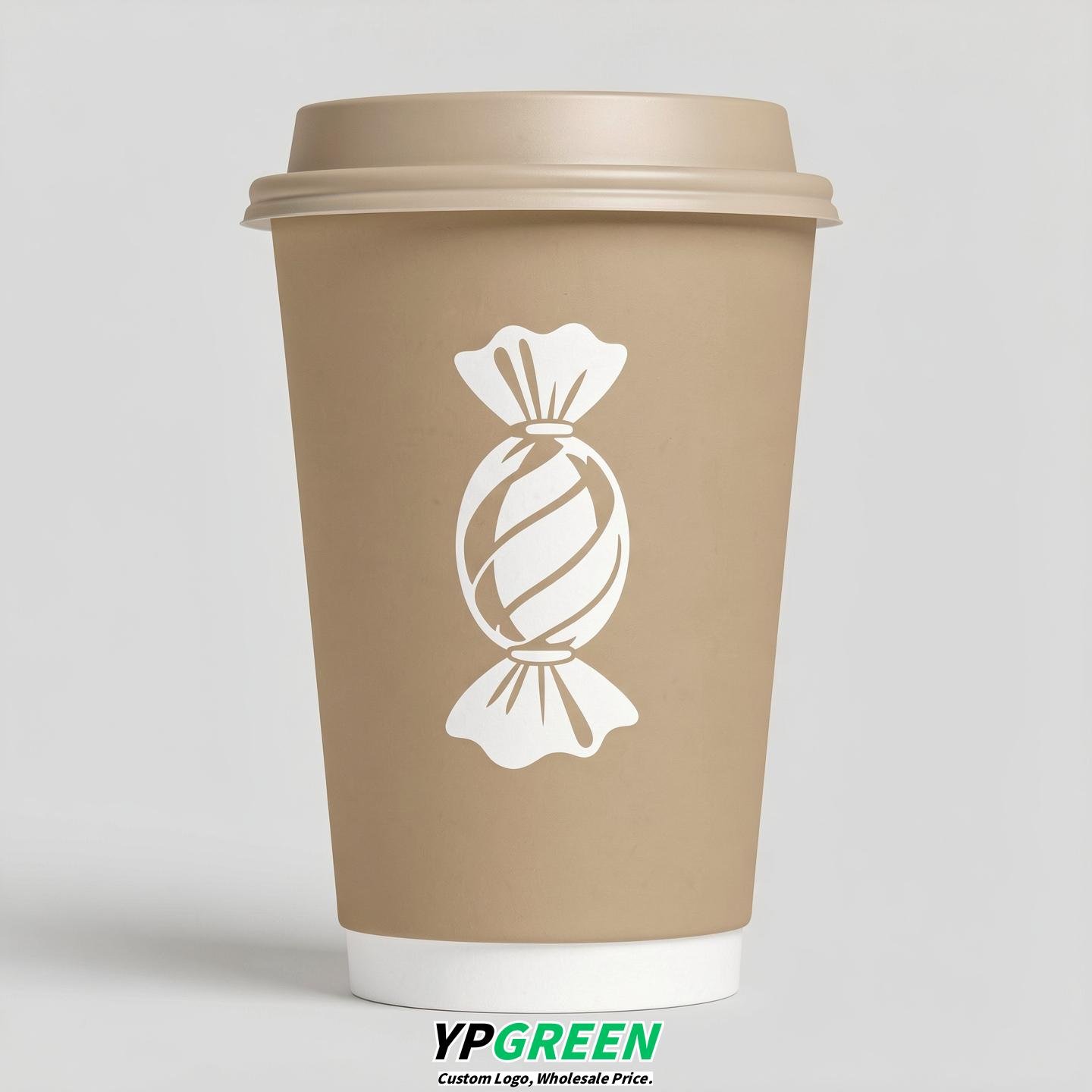Beige Paper Cups with Candy Logo & Lids 8-24oz