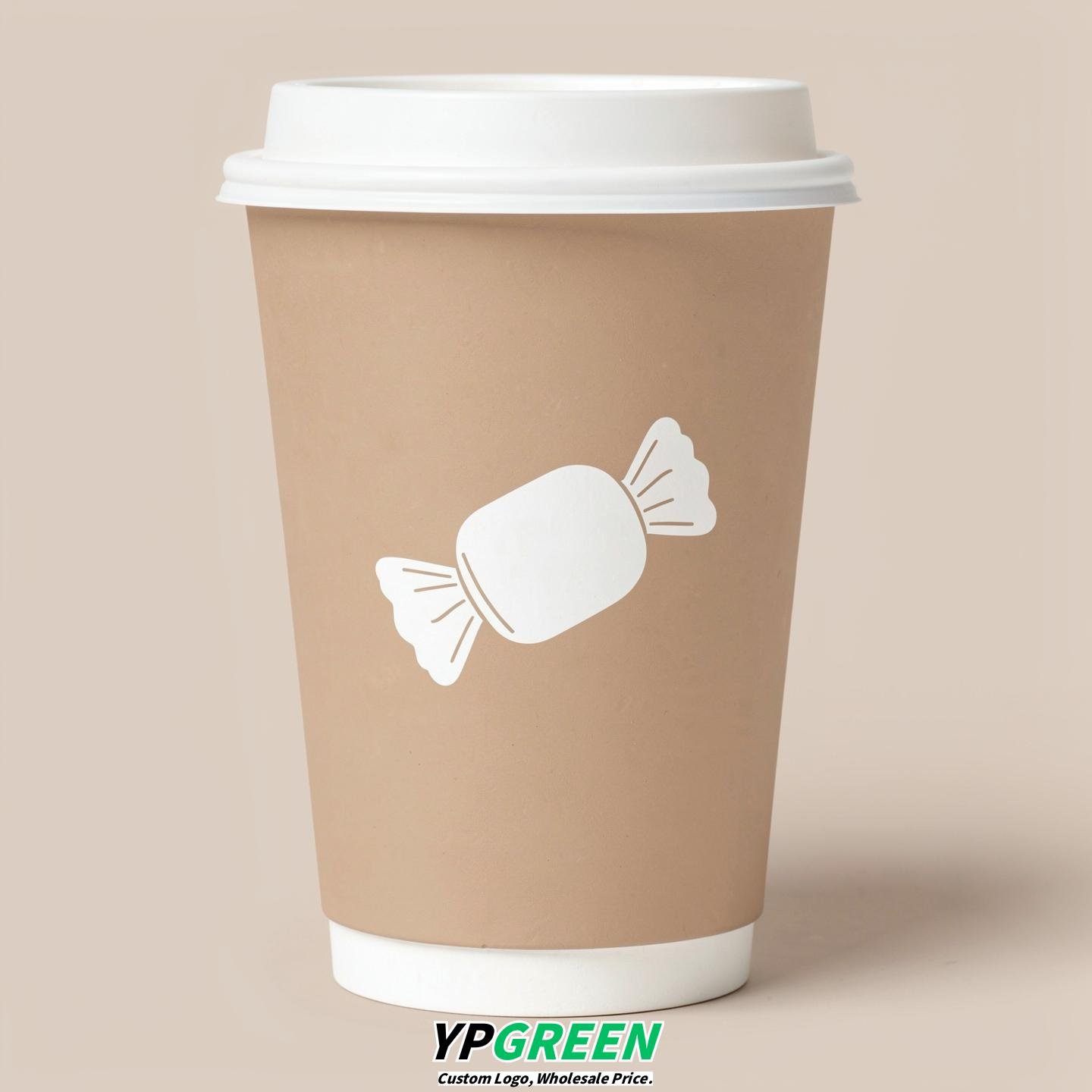 Beige Paper Cups with Candy Logo & Lids 8-24oz