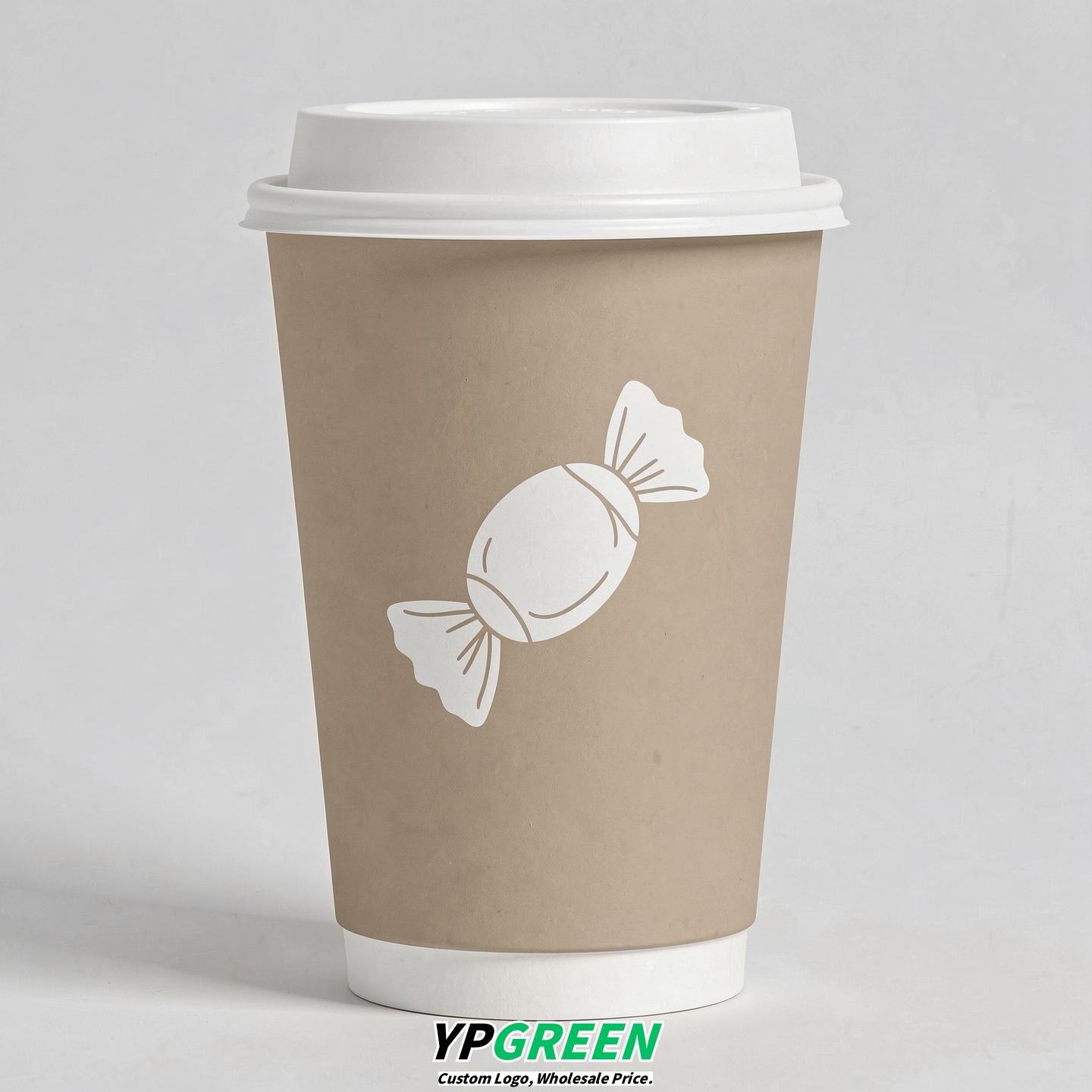 Beige Paper Cups with Candy Logo & Lids 8-24oz
