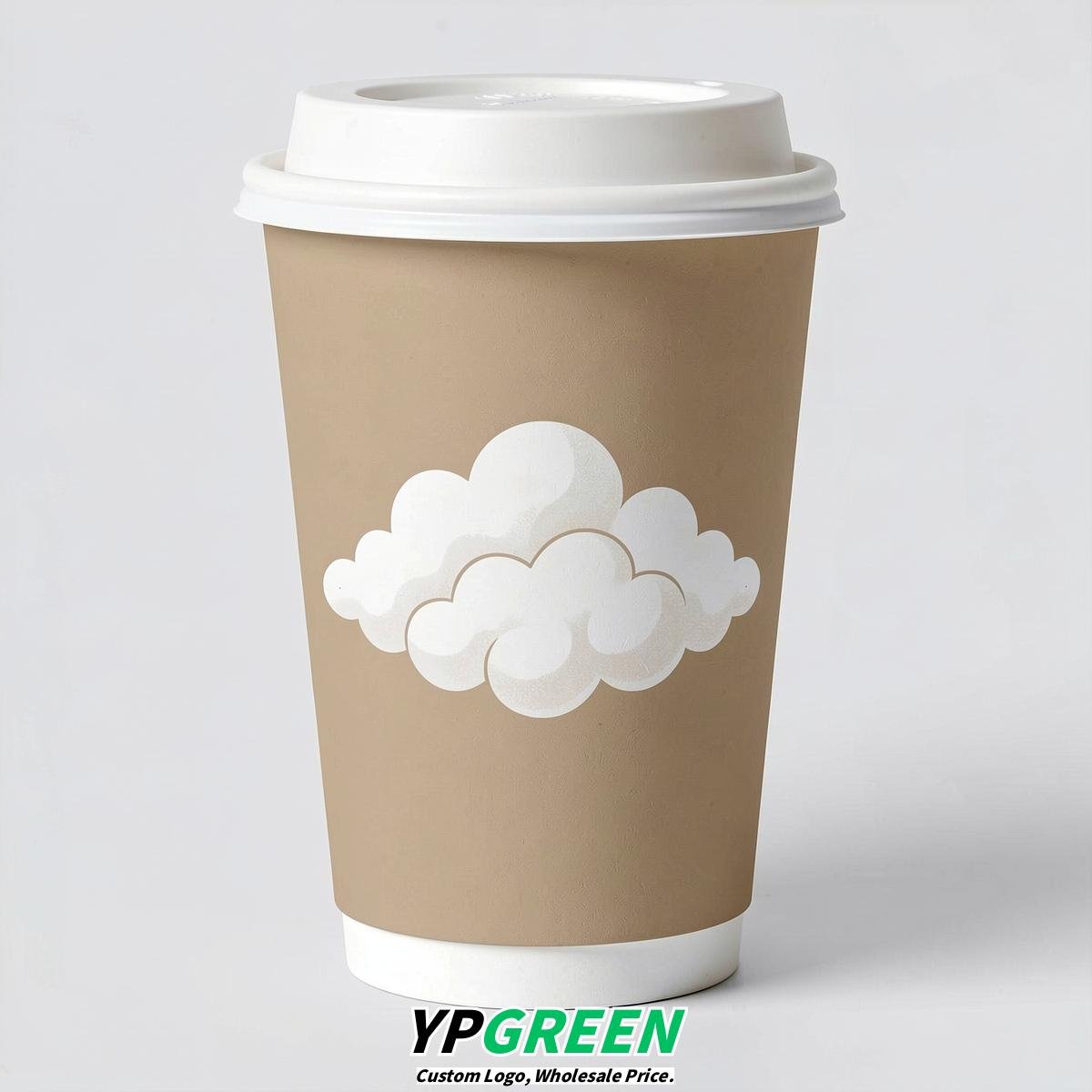Beige Paper Cups with Clouds Logo & Lids 8-24oz