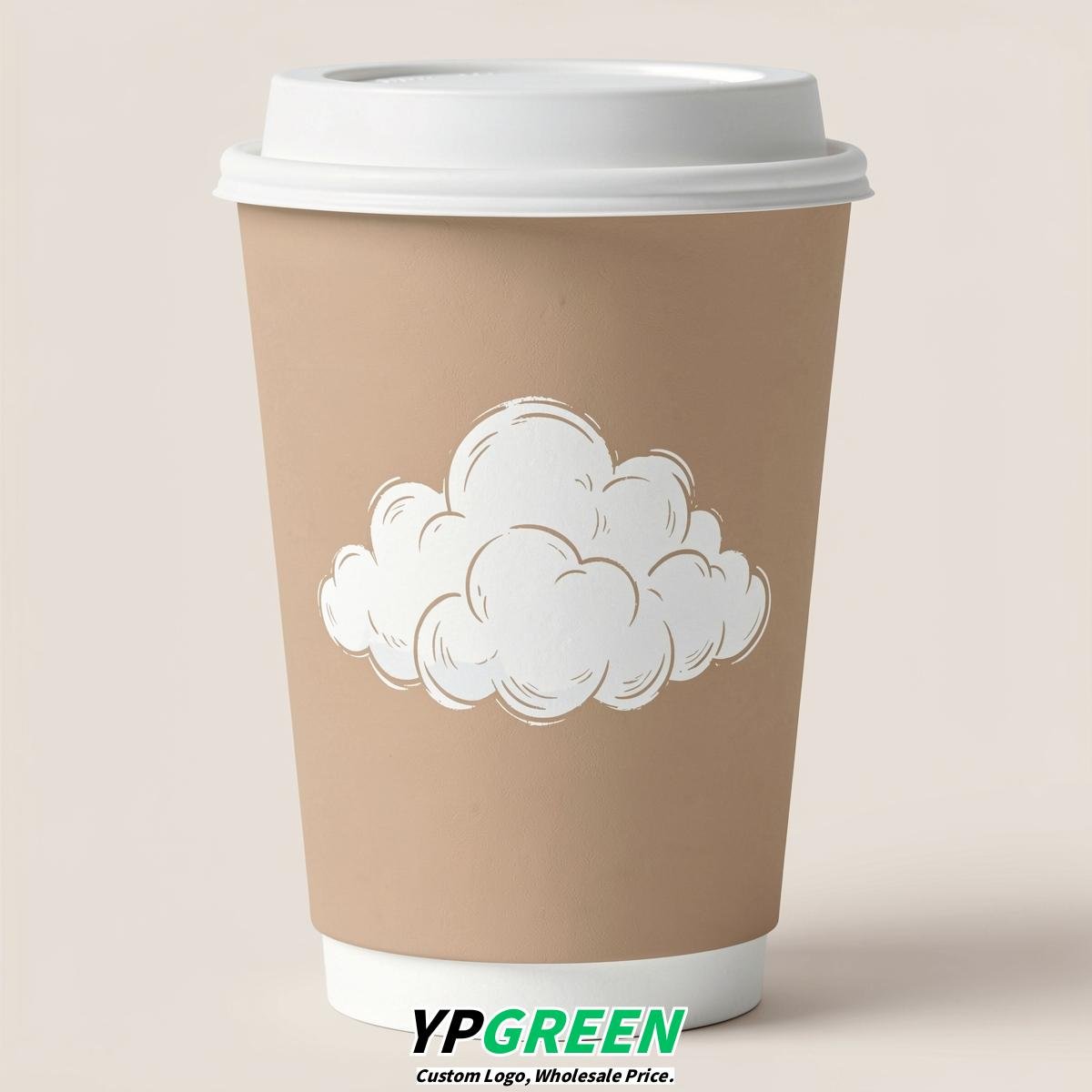 Beige Paper Cups with Clouds Logo & Lids 8-24oz