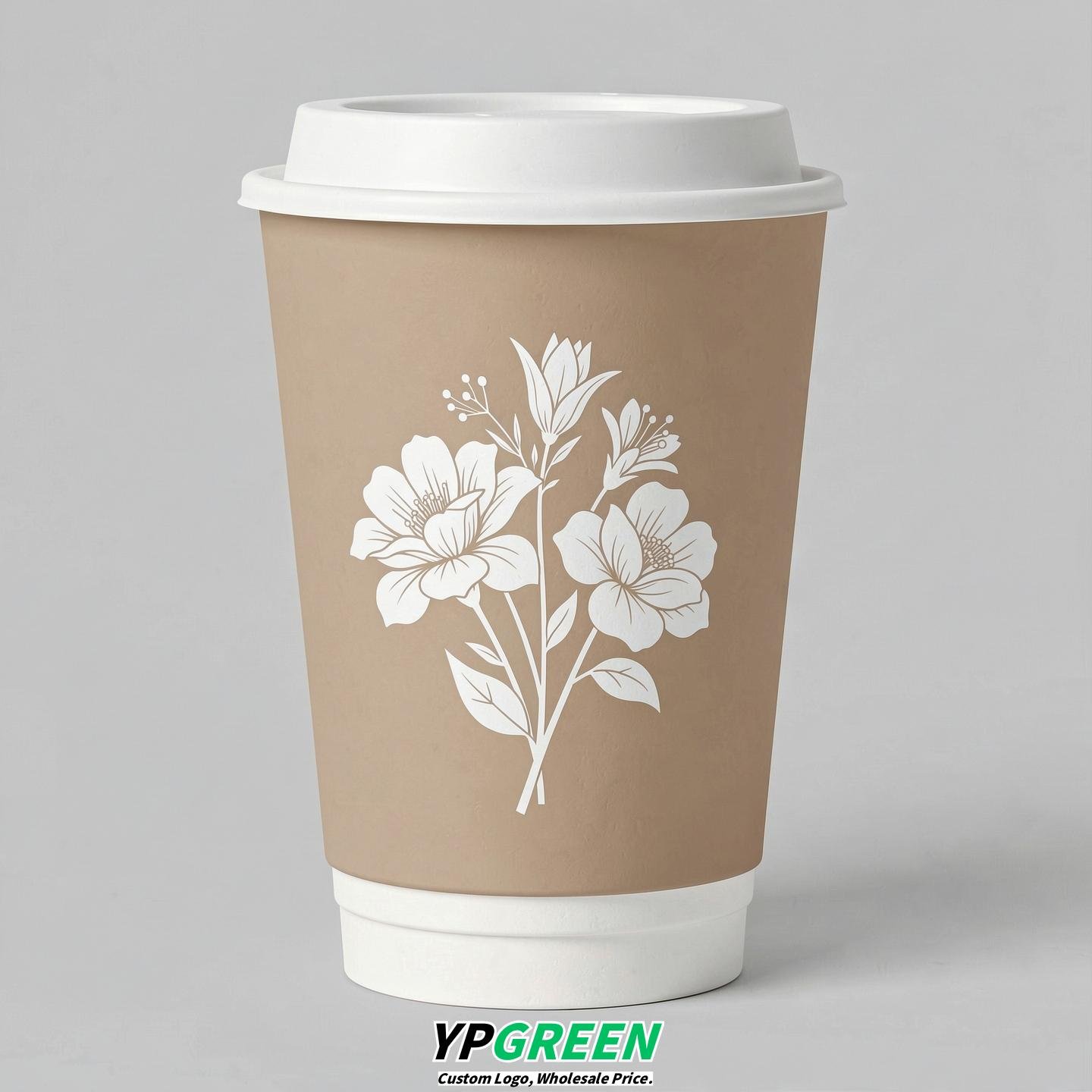 Beige Floral Paper Cups with Lids 8-24oz