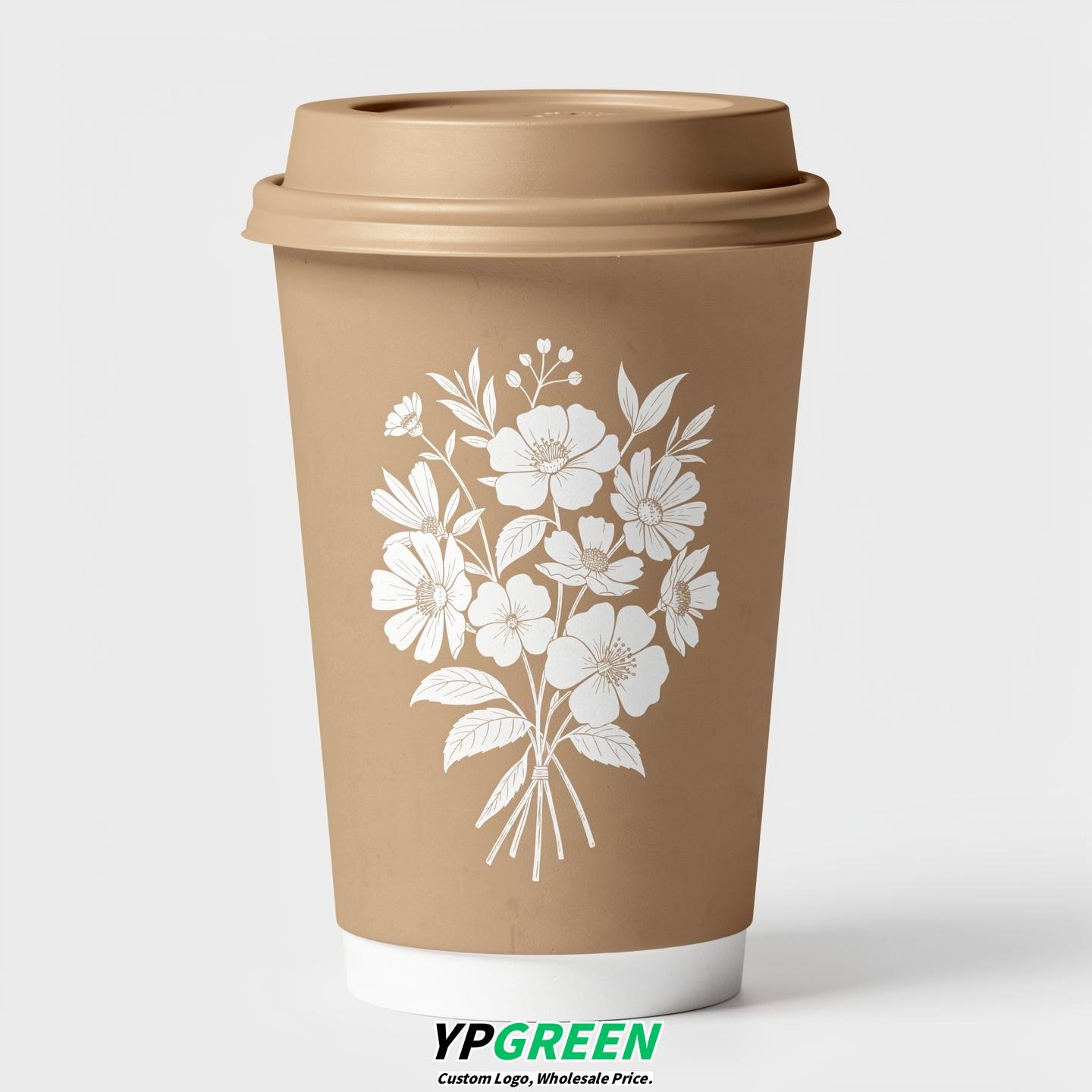 Beige Floral Paper Cups with Lids 8-24oz