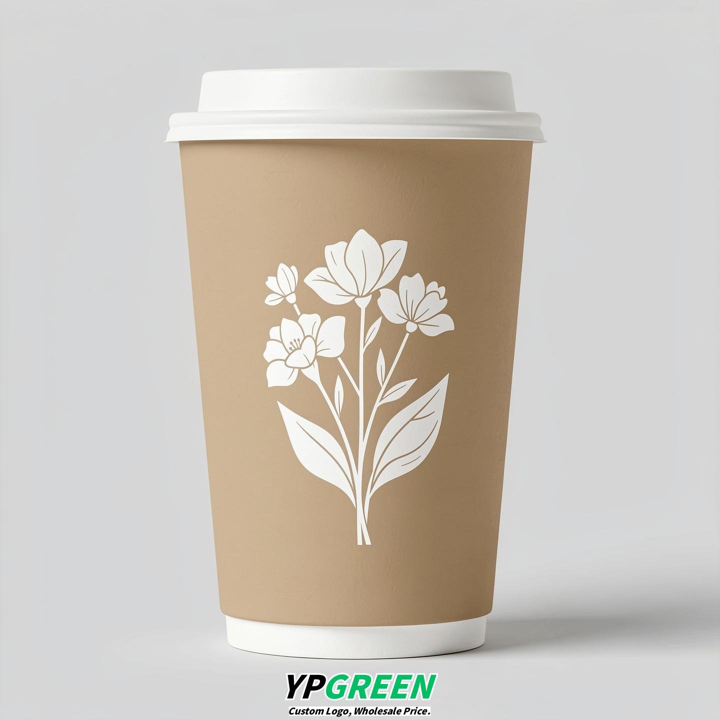 Beige Floral Paper Cups with Lids 8-24oz