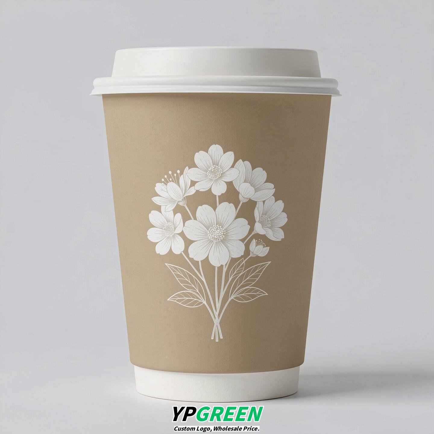 Beige Floral Paper Cups with Lids 8-24oz