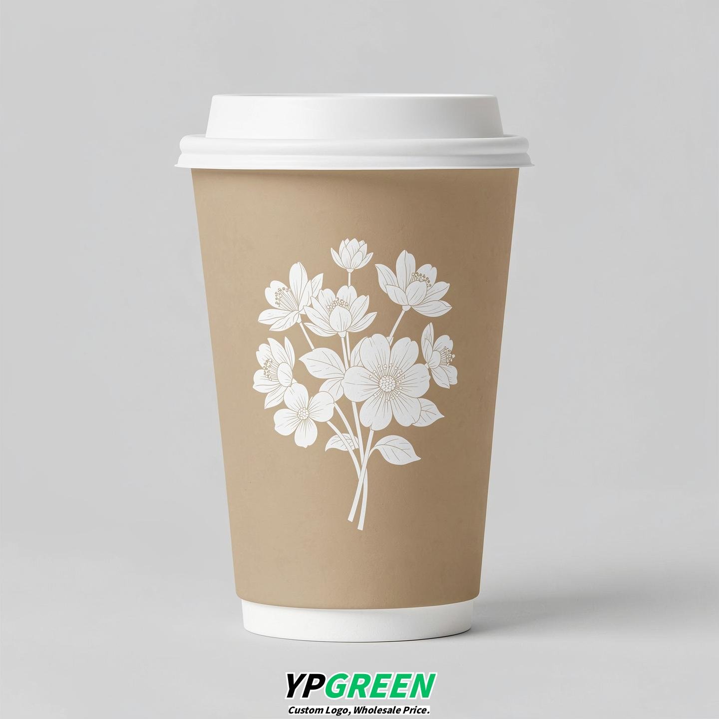 Beige Floral Paper Cups with Lids 8-24oz
