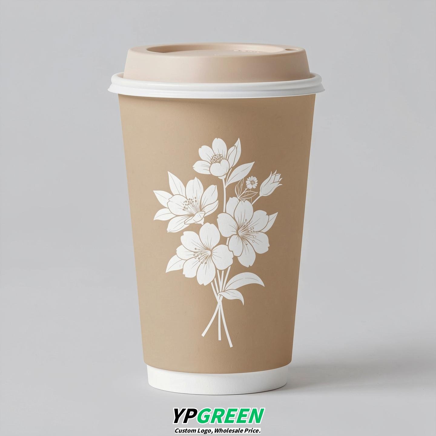 Beige Floral Paper Cups with Lids 8-24oz