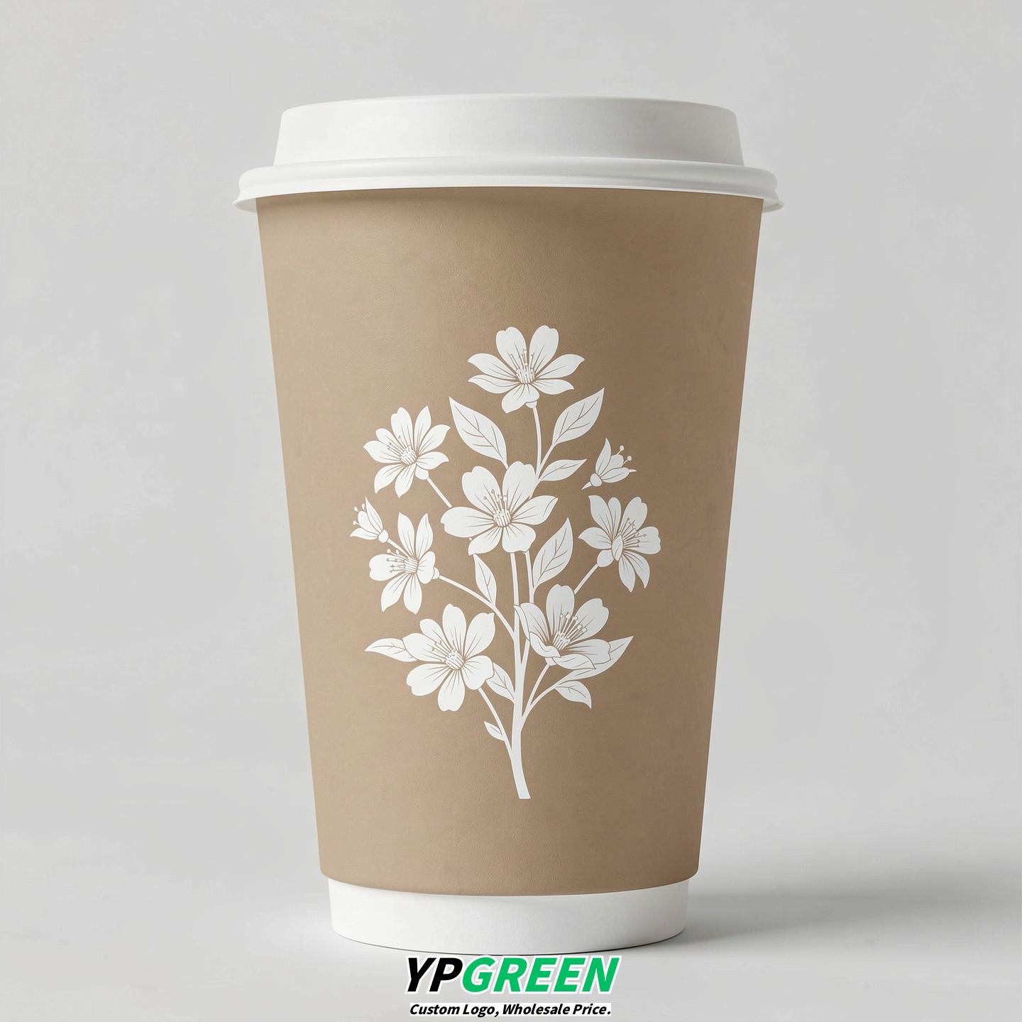 Beige Floral Paper Cups with Lids 8-24oz
