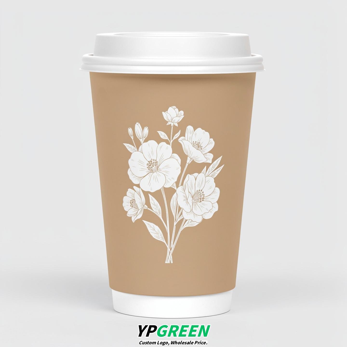 Beige Floral Paper Cups with Lids 8-24oz