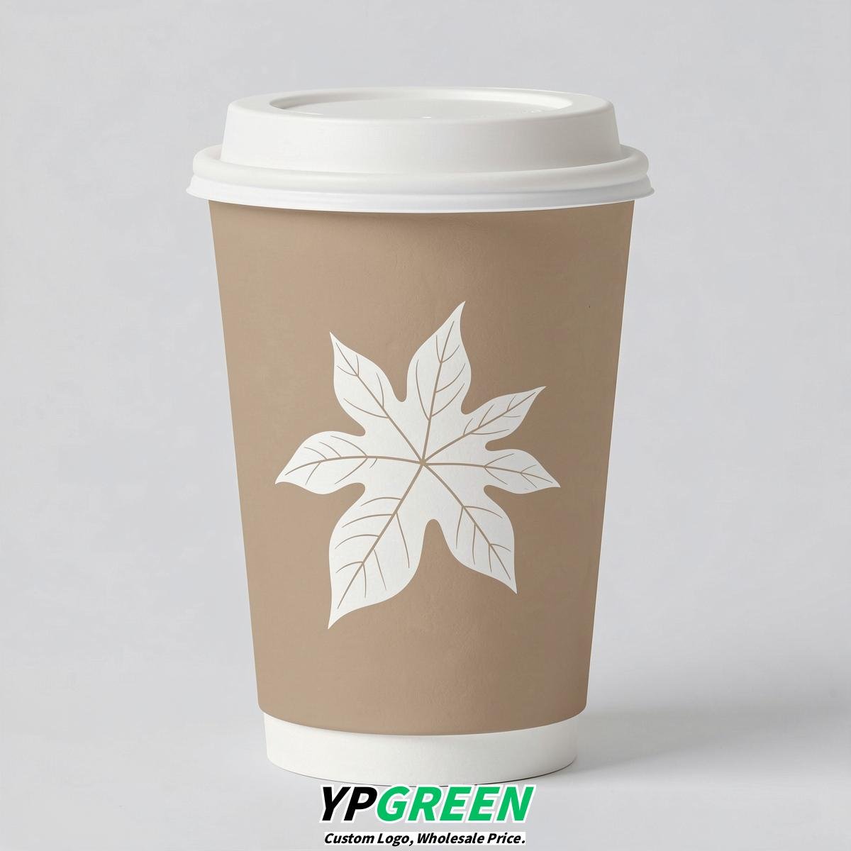 Beige Leaves Paper Cups with Lids 8-24oz