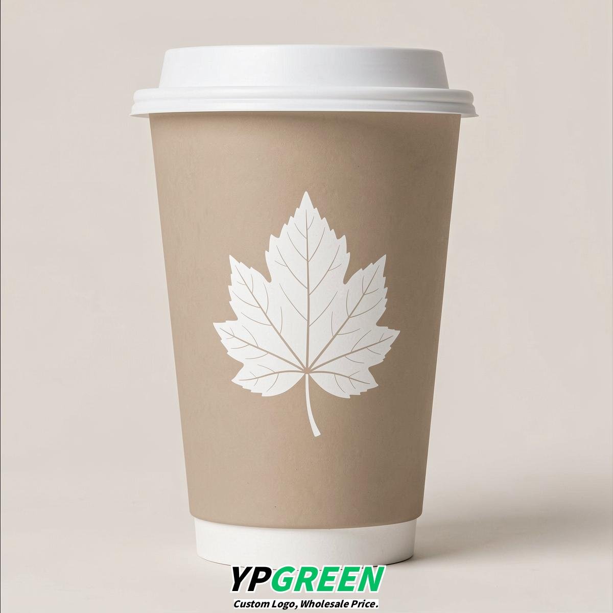Beige Leaves Paper Cups with Lids 8-24oz