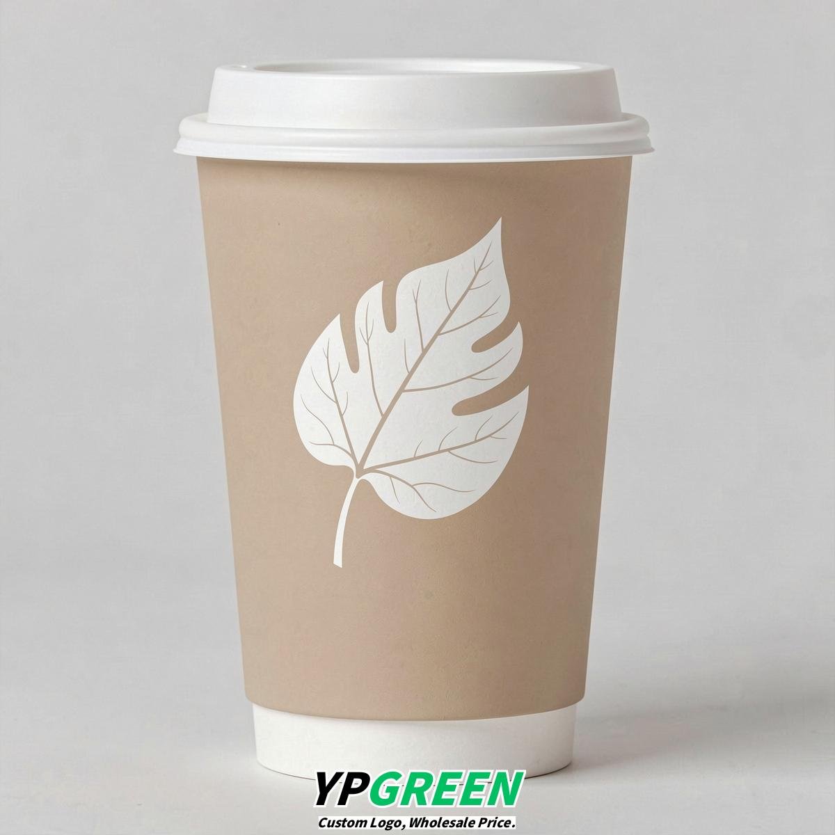 Beige Leaves Paper Cups with Lids 8-24oz
