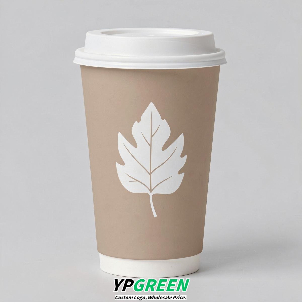 Beige Leaves Paper Cups with Lids 8-24oz