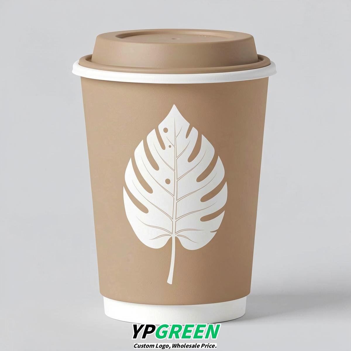 Beige Leaves Paper Cups with Lids 8-24oz