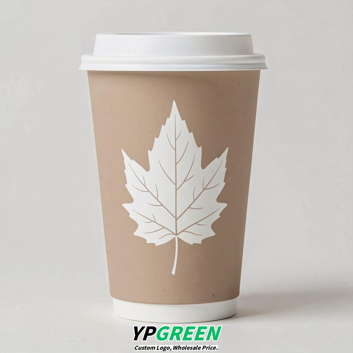Beige Leaves Paper Cups with Lids 8-24oz