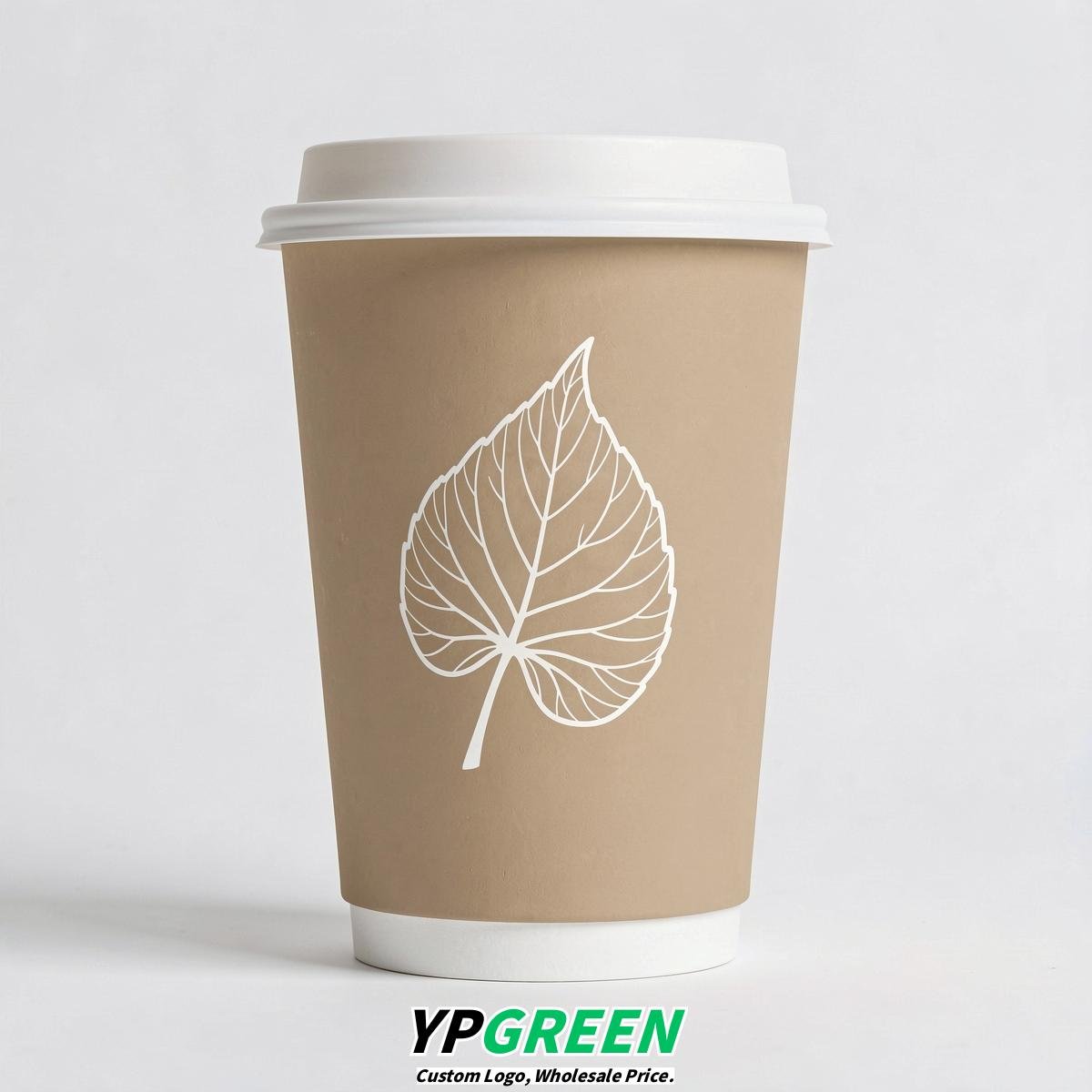 Beige Leaves Paper Cups with Lids 8-24oz