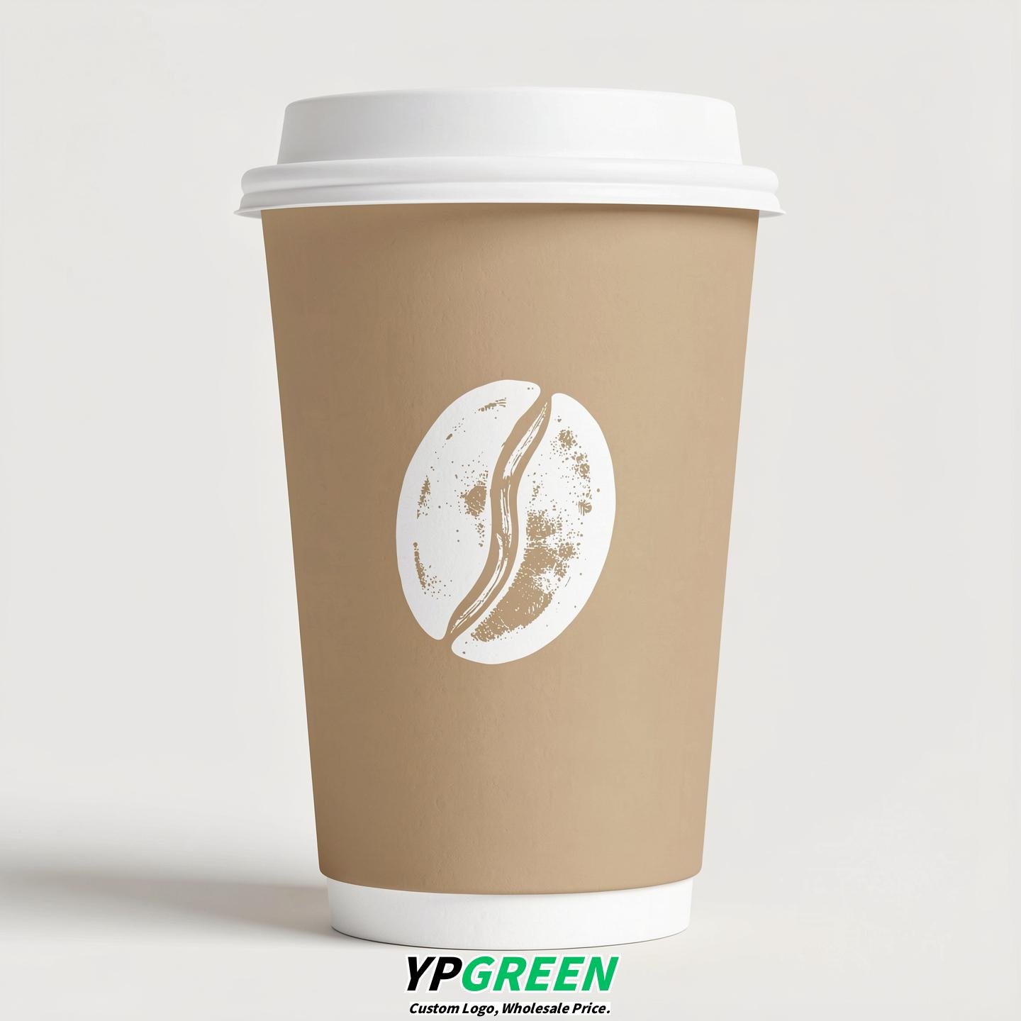 Beige Paper Cups with Coffee Bean Logo & Lids 8-24oz