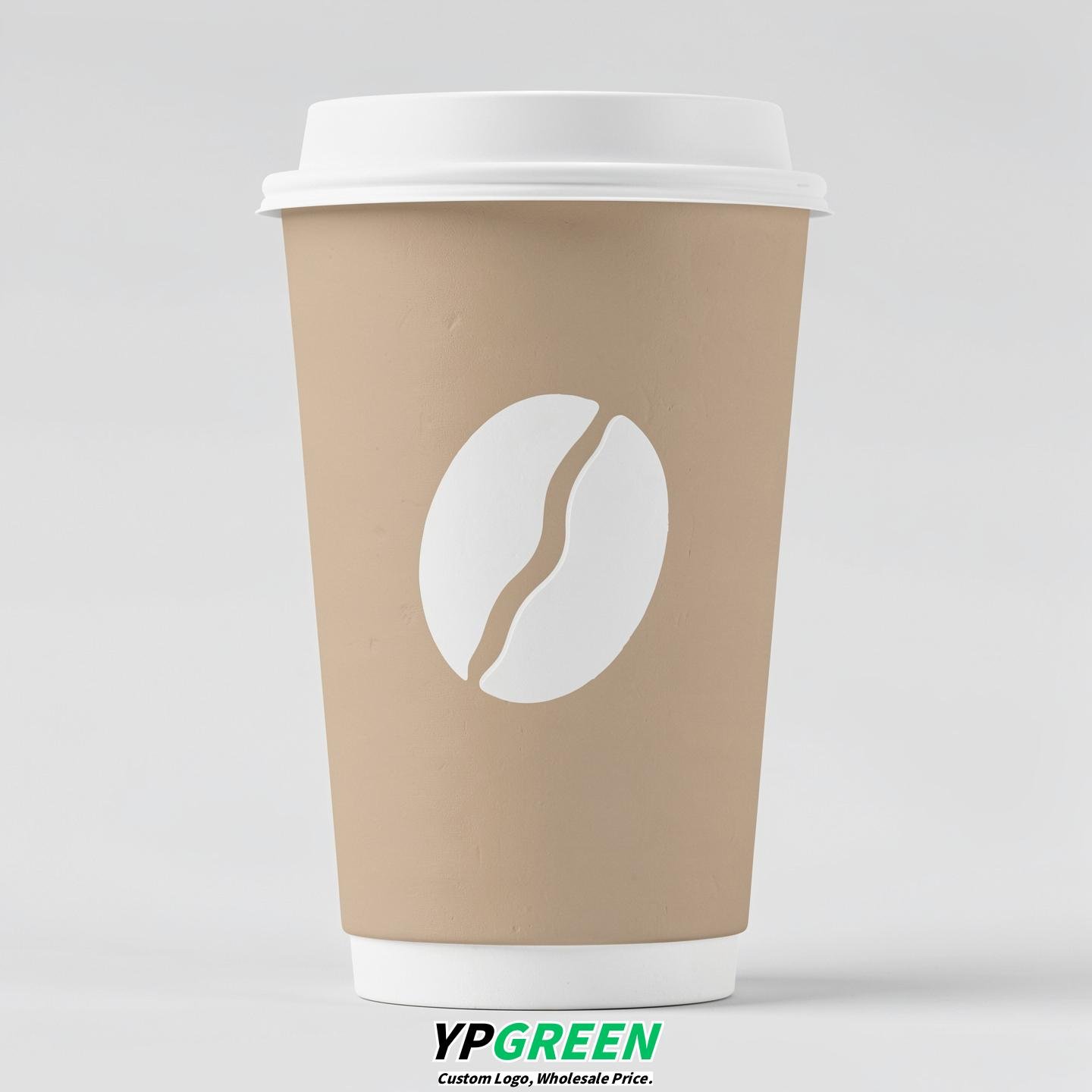 Beige Paper Cups with Coffee Bean Logo & Lids 8-24oz