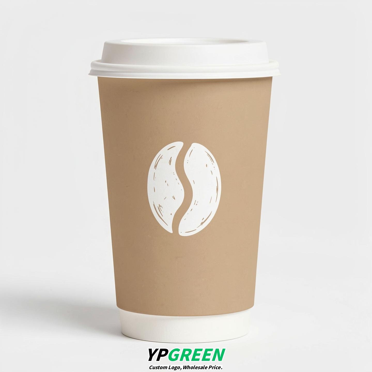 Beige Paper Cups with Coffee Bean Logo & Lids 8-24oz