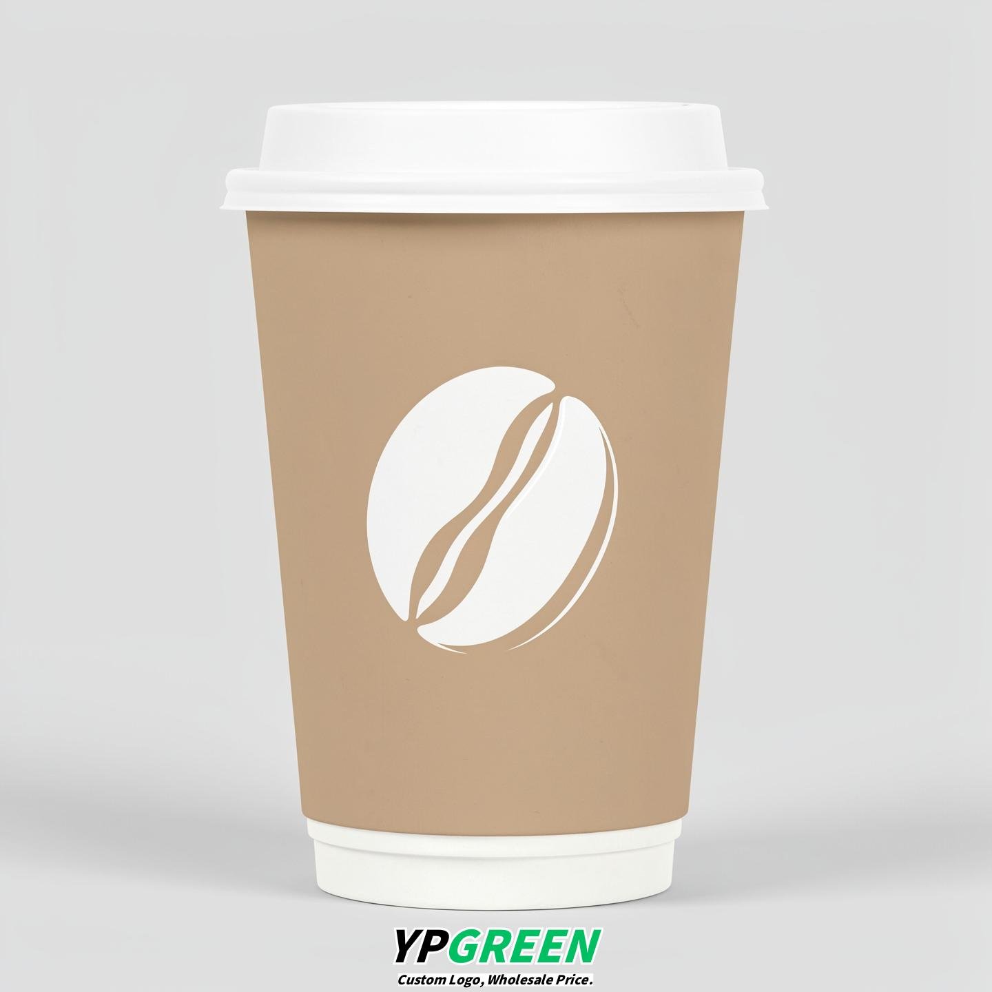 Beige Paper Cups with Coffee Bean Logo & Lids 8-24oz