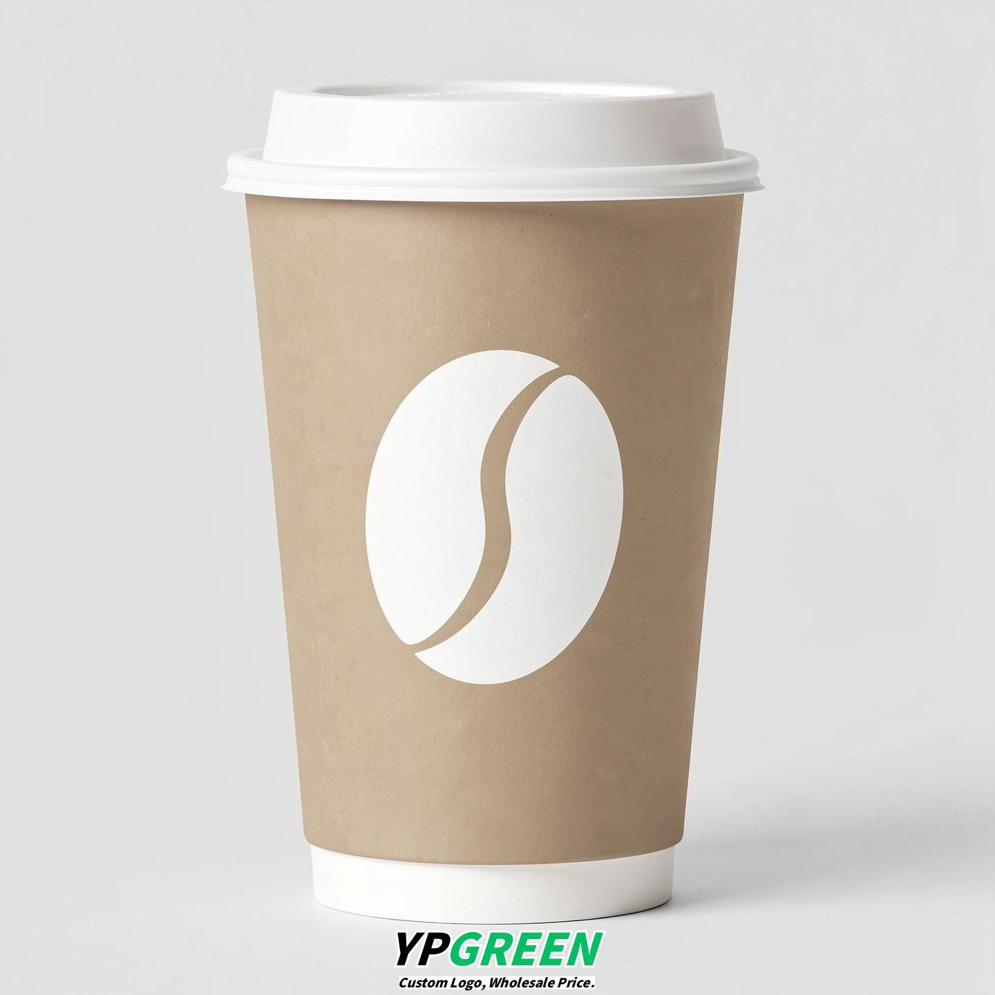 Beige Paper Cups with Coffee Bean Logo & Lids 8-24oz