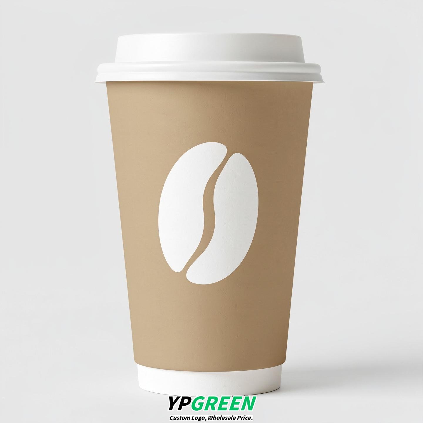 Beige Paper Cups with Coffee Bean Logo & Lids 8-24oz