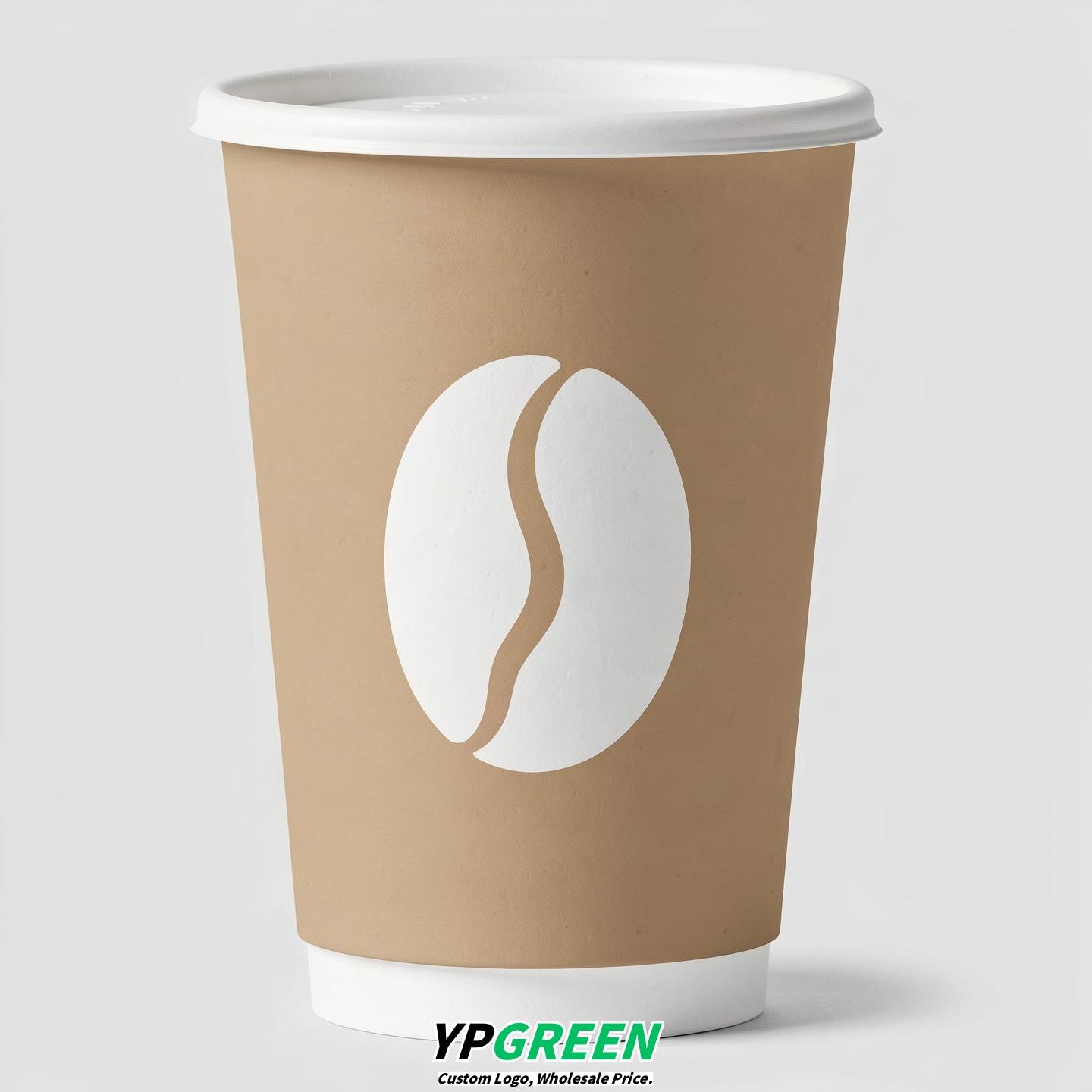 Beige Paper Cups with Coffee Bean Logo & Lids 8-24oz