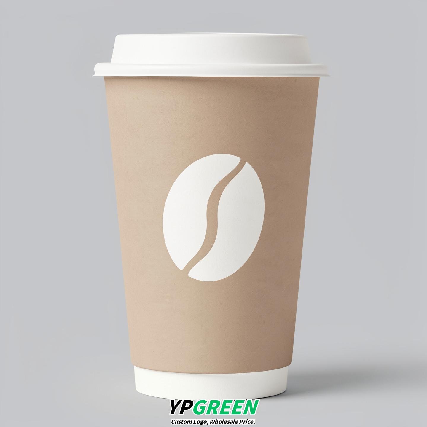 Beige Paper Cups with Coffee Bean Logo & Lids 8-24oz