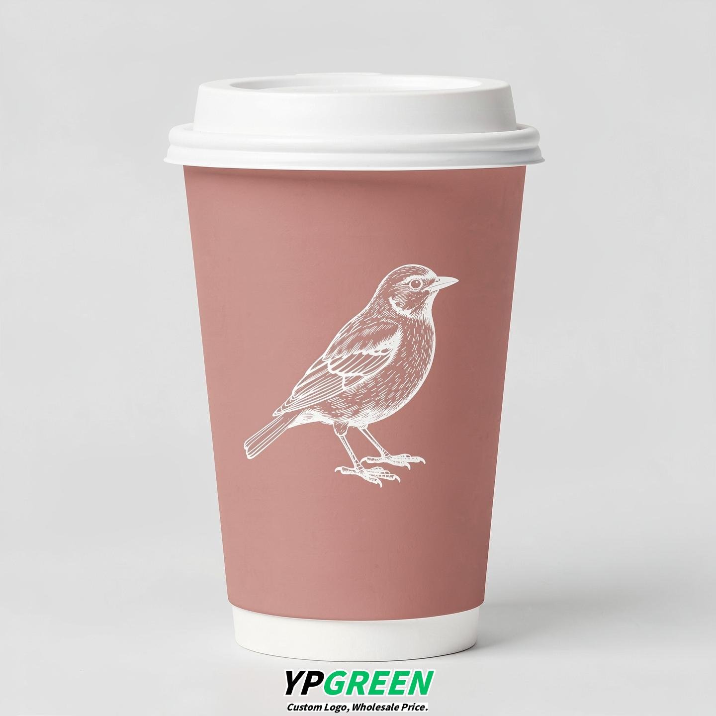 Blush Paper Cups with Bird Logo & Lids 8-24oz