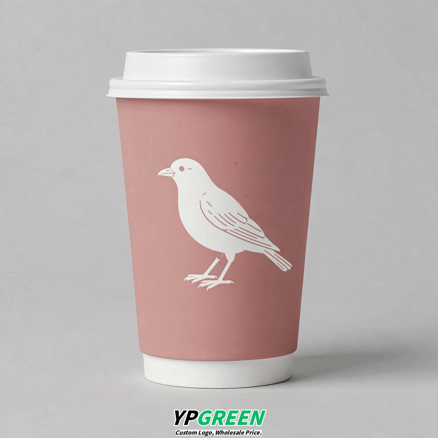 Blush Paper Cups with Bird Logo & Lids 8-24oz