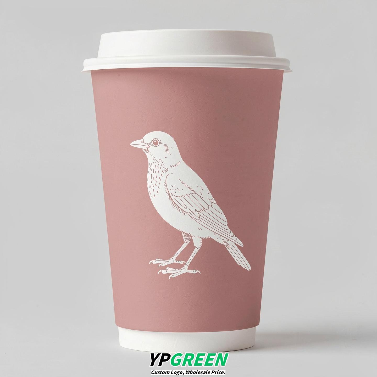 Blush Paper Cups with Bird Logo & Lids 8-24oz