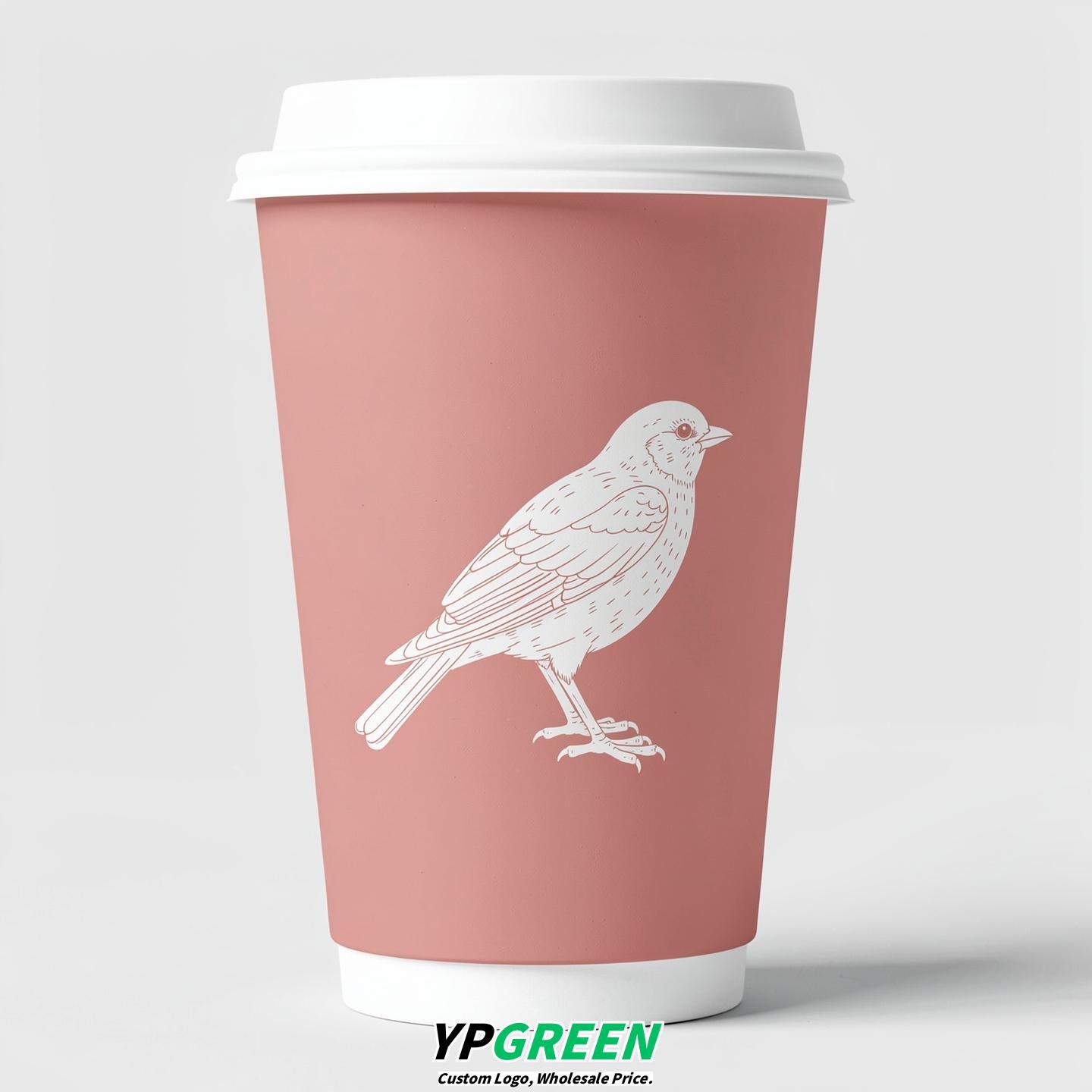 Blush Paper Cups with Bird Logo & Lids 8-24oz