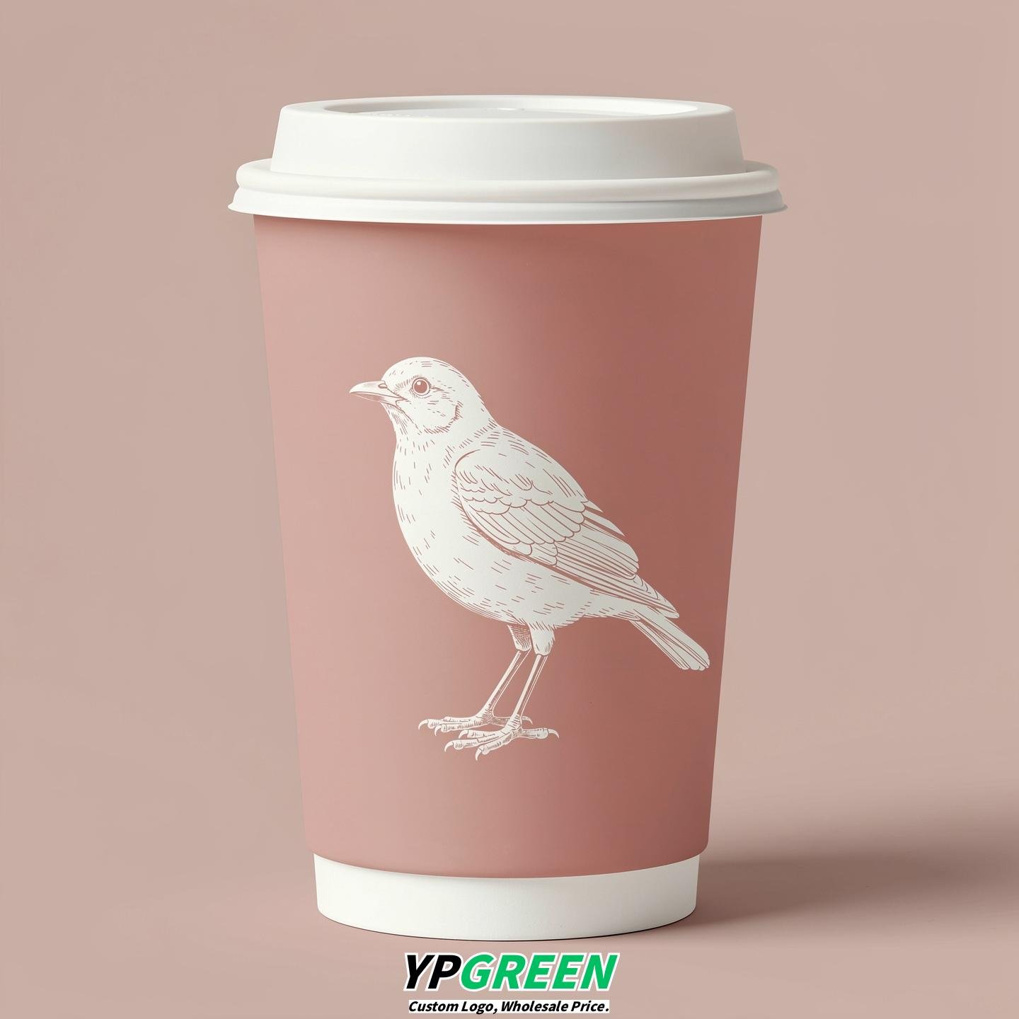 Blush Paper Cups with Bird Logo & Lids 8-24oz