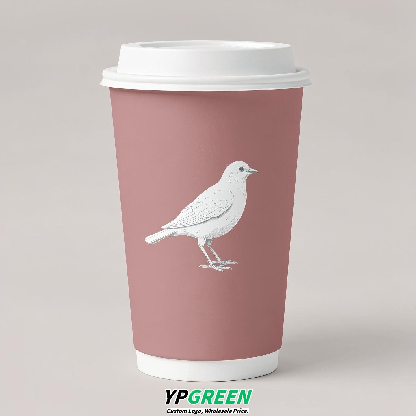 Blush Paper Cups with Bird Logo & Lids 8-24oz