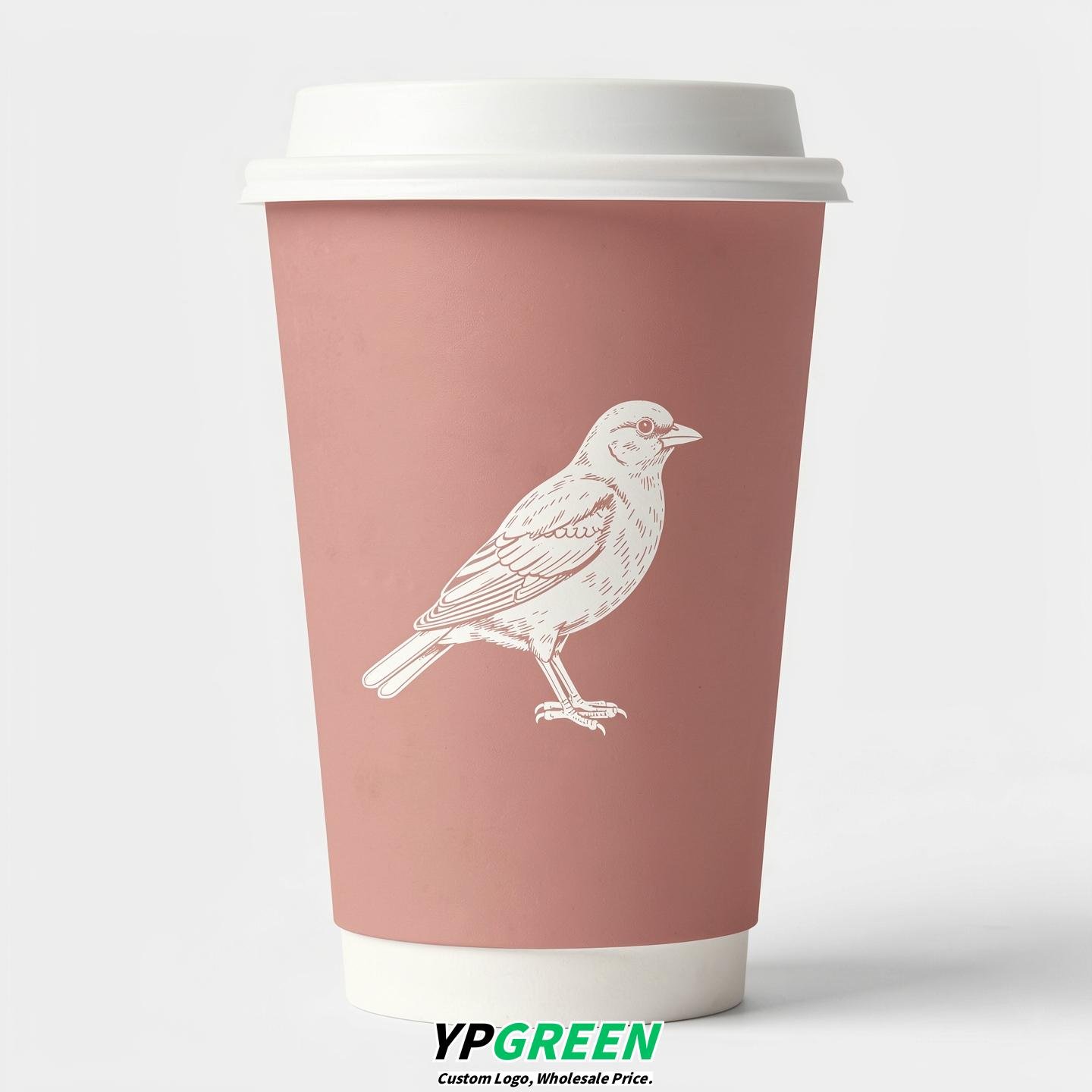 Blush Paper Cups with Bird Logo & Lids 8-24oz