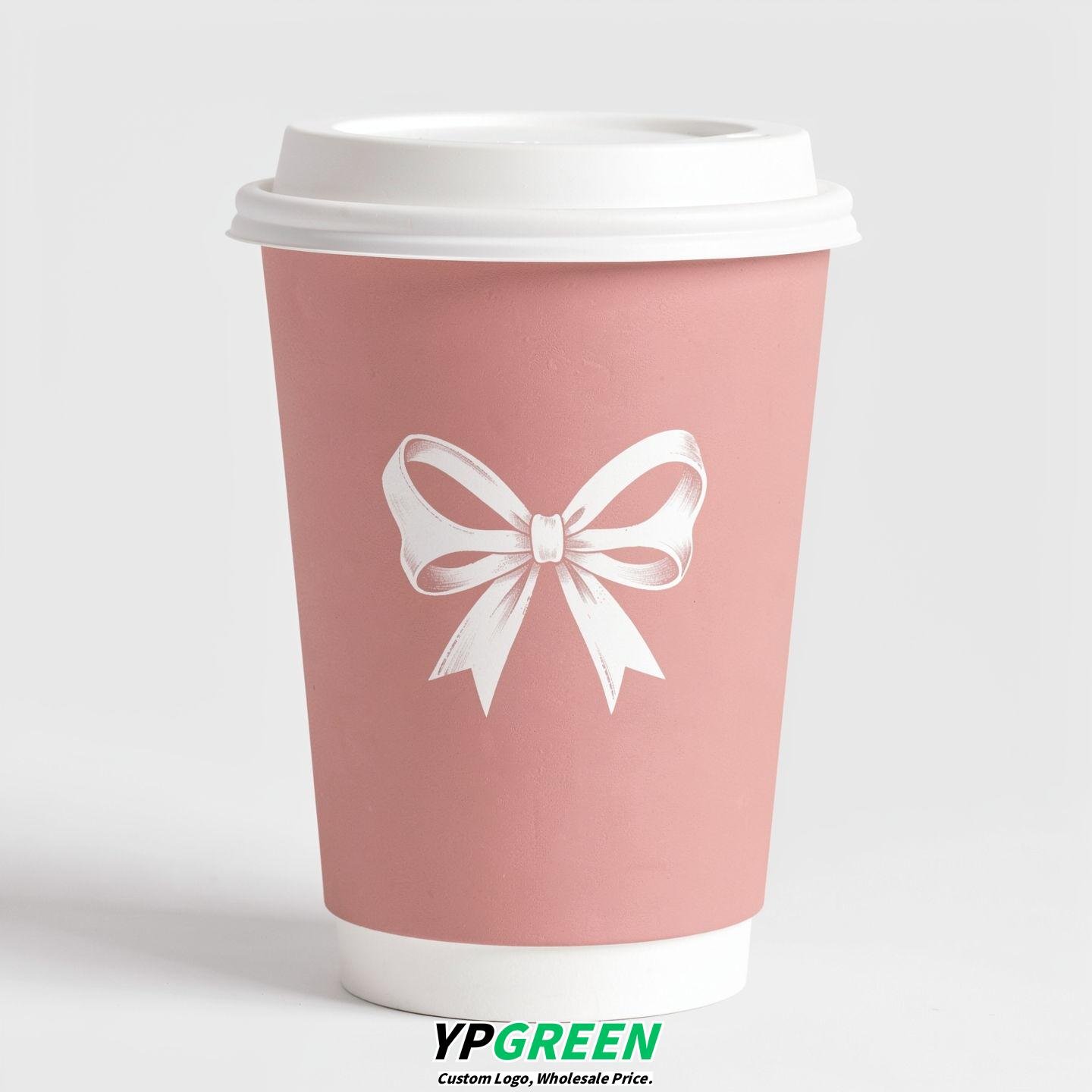 Blush Paper Cups with Bow Logo & Lids 8-24oz