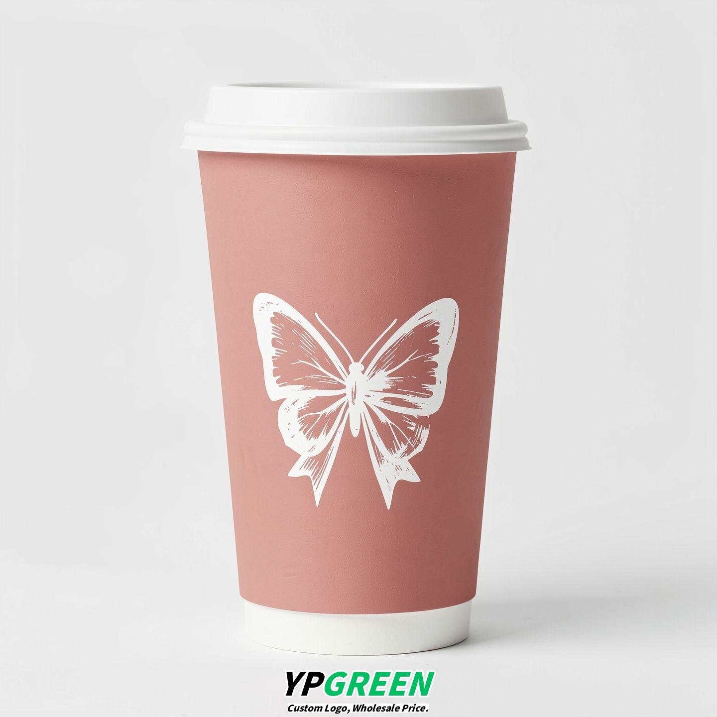 Blush Paper Cups with Bow Logo & Lids 8-24oz