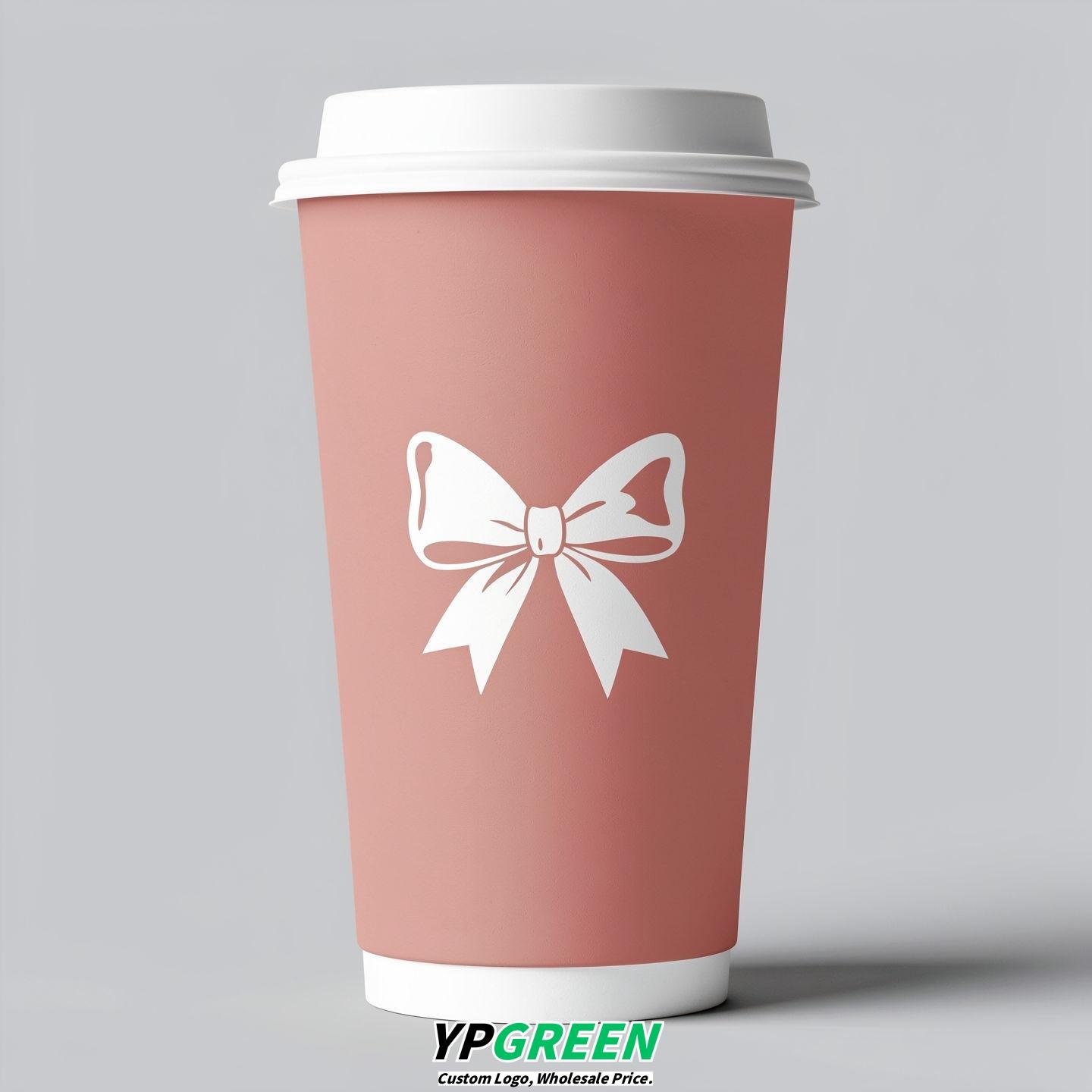 Blush Paper Cups with Bow Logo & Lids 8-24oz