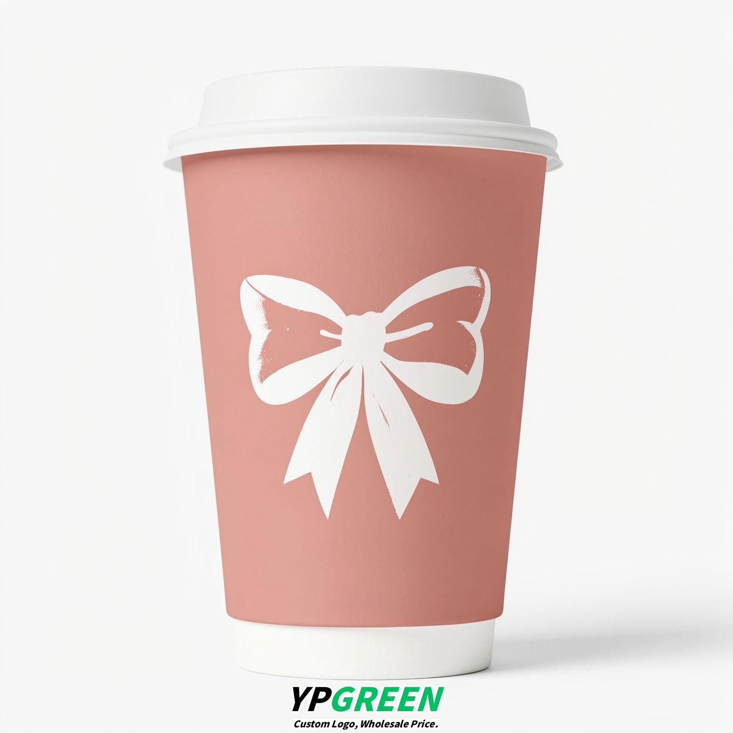 Blush Paper Cups with Bow Logo & Lids 8-24oz