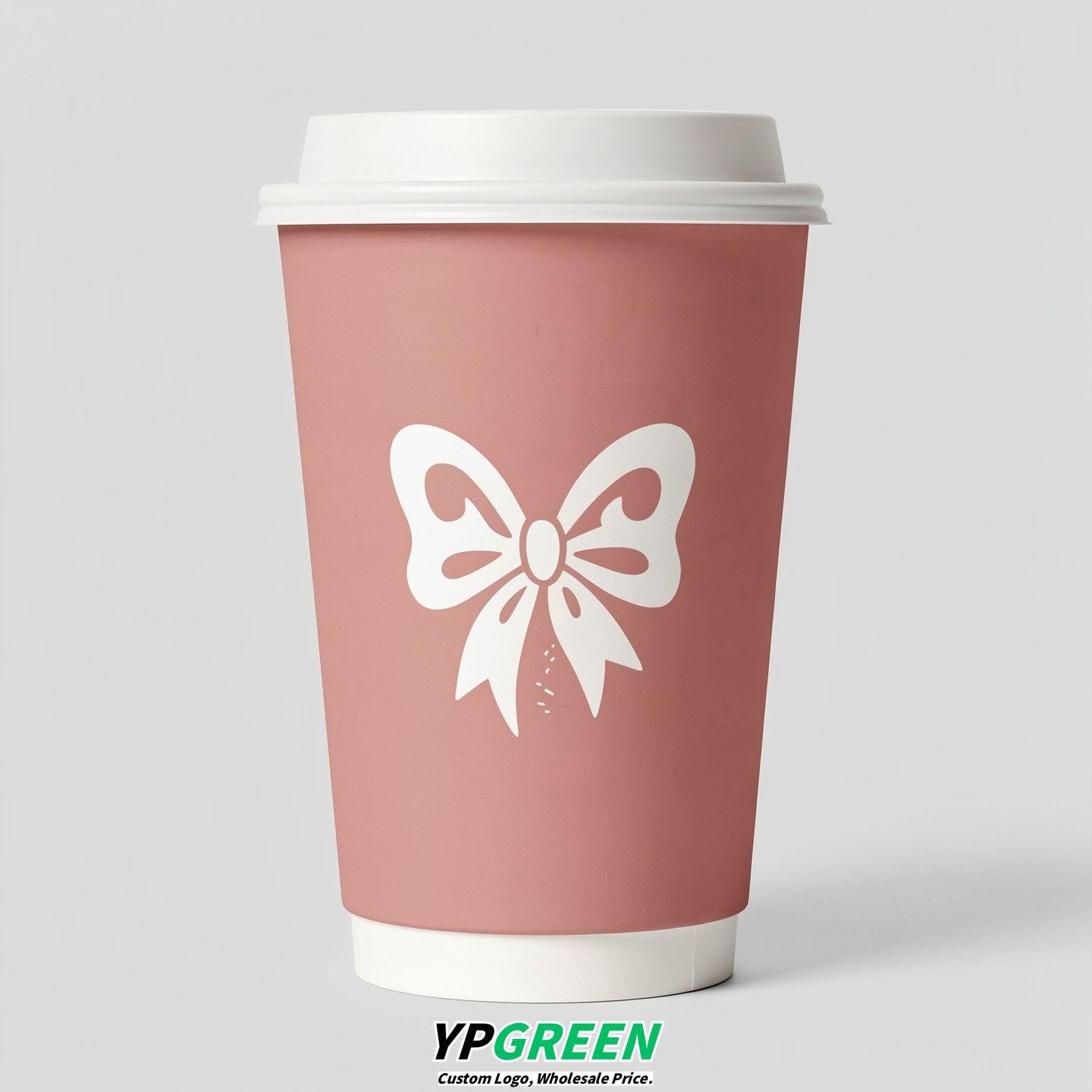 Blush Paper Cups with Bow Logo & Lids 8-24oz