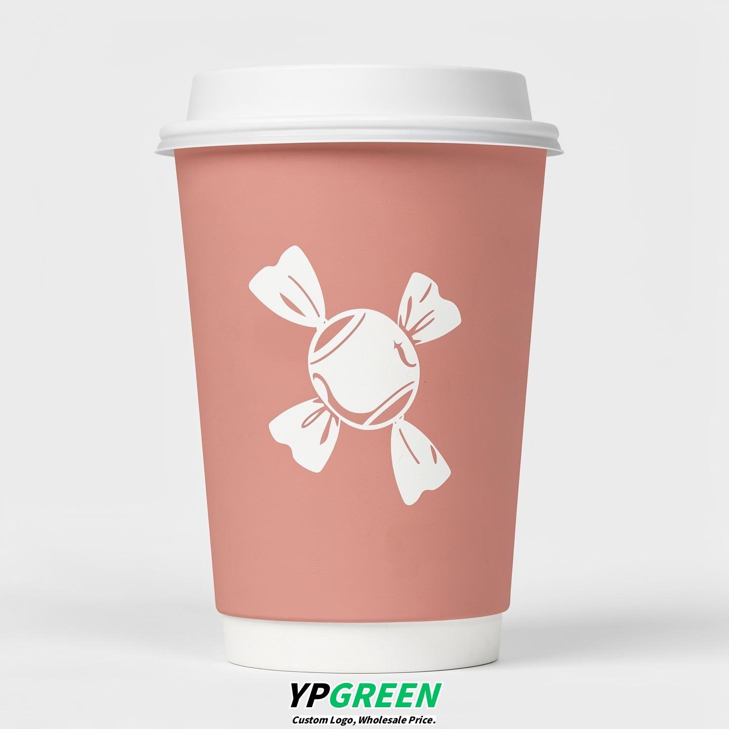 Blush Paper Cups with Candy Logo & Lids 8-24oz